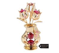Beautifully Crafted Tulips In A Vase Table Top Ornament Dipped In 24k Gold Plating Made with Genuine Matashi Crystals (Butterfly, Red Crystal)
