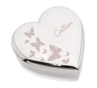Beautifully Engraved Butterfly Design Silver Heart Shape Trinket Box, Personalised with Name