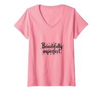 Beautifully Imperfect Self Love Quote V-Neck T-Shirt, Women, Pink, M