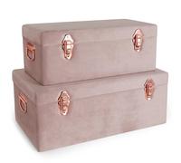 Beautify Storage Trunks, Set of 2 Pink Velvet Finish Storage Chests w/Rose Gold Detailing, Stackable Bedroom Chest Organiser w/Lockable Lids, Sturdy Multi-Purpose Bedding, Blanket & Toy Box