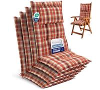Beautissu 4 Premium High Back Garden Outdoor Chair Cushions for Rattan Seat | 120x50cm 7cm thick orange-red-green checkered seat durable fabric UV-lightfastness Chairs pad robust pads patio HighLux HL