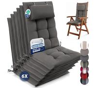 Beautissu Set of 6 Premium Outdoor Chair Cushion High Back with Head Pillow 120x50 cm - UV 8 cm Thick Padding Seat Cushions for Garden Chairs Non-Slip Fastening Straps - Taupe - Sun-HL