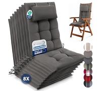 Beautissu Set of 8 Premium Outdoor Chair Cushion High Back with Head Pillow 120x50 cm - UV 8 cm Thick Padding Seat Cushions for Garden Chairs Non-Slip Fastening Straps - Taupe - Sun-HL