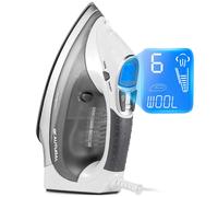 BEAUTURAL 2400 W Steam Iron with LCD Display, Variable Temperature and Double Ceramic Coated Soleplate, 8 ft Power Cord and 340ML Tank-White/Grey