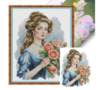 Beauty and Flowers 14CT DIY 2 Strands Stamped Embroidery Needlepoint Starter Kits Cross Stitch Art and Crafts Kits 44x56cm for Beginners Adults Home Decor