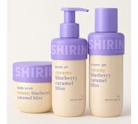 Beauty Bundle - Body Scrub, Body Oil & Shower Gel - Creamy Blueberry Caramel Bliss by Shirin David - Limited Edition Body Care Set - Vegan & Skin Pampering + Purlife Sticker