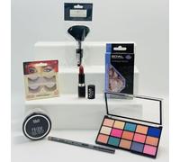 Beauty Bundle Gift Set, 7 Piece, with Eyeshadow Palette, Lipstick, Eyeliner, Highlighter, False Lashes, dumpy powder Brush and Press-On Nails
