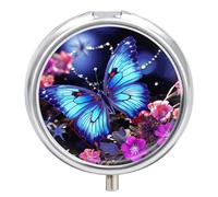 Beauty Butterfly Portable Pill Box with 3 Compartments Travel Pill Box with Round Metal Mirror for Medicine Storage, Medicine Box for Storing Vitamins and