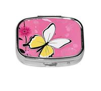 (Beauty Butterfly) Square Pill Box with 2 Compartment Small Pill Organizer Portable Pill Case Vitamin Containers, Travel Essentials 5.5x4x1.8 cm