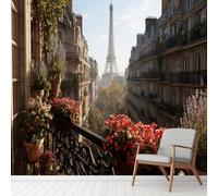 Beauty City Architecture Flower Wall Sticker, Sunset Eiffel Tower Murals Self Adhesive Photo, Europe Romantic Scenery Wallpaper PVC Murals for Bedroom, Living Room Wall Art 260x175 cm