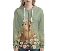 Beauty Collector Capybara Daisy Sage Green Zip Up Sweatshirt Women Loose Long Sleeve Hoodies with Pockets