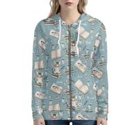 Beauty Collector Cat Book Daisy Blue Womens School Hoodie Zip Up Sweatshirt with Pockets