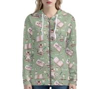 Beauty Collector Cat Book Daisy Green Womens School Hoodie Zip Up Sweatshirt with Pockets