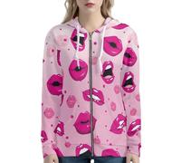Beauty Collector Hot Pink Lips Women's Zip Up Hoodies Long Sleeve Cute Sweatshirts with Pockets 2XL