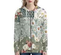 Beauty Collector Rose Daisy Green Plaid Zip Up Sweatshirt Women Loose Long Sleeve Hoodies with Pockets