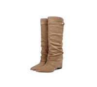 Beauty Cry Womens Fold Over Pull-on Knee High Shark Boot Chunky Heel Pointed Toe Suede Zipper, Beige, 6 UK