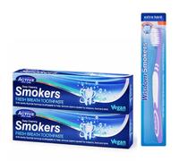 Beauty Formulas Active Smokers Toothpaste 100ml x2 + Toothbrush, Whitening Toothpaste for Smokers, Stain Removal, Fresh Breath, Fluoride Anti-Cavity Toothpaste Pack