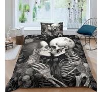 Beauty Kisses Skull Bedding Set 3D Quilt Duvet Cover Sets Soft Microfiber with Pillow Case,Bed Cover Soft,Gotisch Comforter Cover, Duvet Set,Zipper 2 Pieces Single（135x200cm）