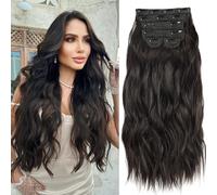 BEAUTY ON LINE Clip in Hair Extensions 6PCS Long Wavy Clip in Extensions 20inch Long Double Weft Hair Piece Dark Brown Synthetic Hair Extension for Women
