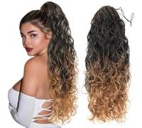 BEAUTY ON LINE Long Curly Ponytail Extensions for Black Women Synthetic Drawstring Ponytail Hair Extensions 26 Inch Long Wavy Fake Ponytail Clip in Ponytail Extensions(p1b/27#)