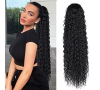BEAUTY ON LINE Ponytail Extension Curly 30 inch Long Black Drawstring Ponytail Synthetic Clip in Ponytail Hair Extensions Curly Water Wave Clip in Hair Pieces for Women