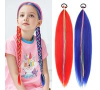BEAUTY ON LINE Ponytail Extensions - Braiding Hair Extensions with Hair Tie 26 inch Mermai for Braiding Kids Rainbow for Girls Synthetic Coloured 2PCS (Red/Blue)