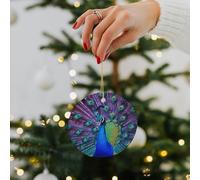 Beauty Peacock Ceramic Christmas Ornaments - 2.8 Inch Round Double-Sided Xmas Tree Decorations with Gold Ribbon for Home Holiday Decor, Gift for Family & Friends