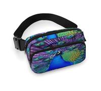 Beauty Peacock Fanny Pack Belt Bag with Adjustable Strap Fashion Waist Bag for Outdoor Sports Hiking, white, 20x13cm, Full Printed Waist Bag