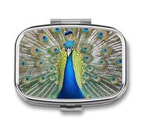 Beauty Peacock Pill Box 2 Compartment Square Pill Box for Pocket Purse Portable Travel Medicine Tablet Vitamin Holder Organizer Mini Decorative Pill Case