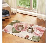 Beauty Pink Roses Dog Food Mat, Absorbent Pet Feeding Mat for Food and Water Bowls Non-Slip Placement Pad for Floors Waterproof Quick Dry Water Dispenser Mat for Dogs Puppy Cats 12x18 Inch
