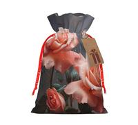 Beauty Pink Roses Print Christmas Wrapping Bags Gift Bags With Drawstring, Xmas Party Presents And Favors