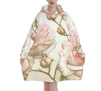 Beauty Pink Roses Print Flannel Blanket Hoodie, Oversized Blanket Hoodie For Adults, Wearable Hooded Sweatshirt With Pocket For Teenagers