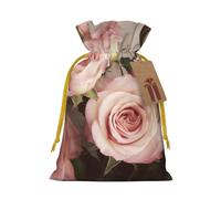 Beauty Pink Roses Printed Christmas Drawstring Bags,M | Reusable Xmas Gift Storage Bags, Yellow Christmas Ribbon