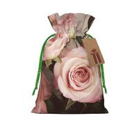 Beauty Pink Roses Printed Christmas Drawstring Bags,S | Reusable Xmas Gift Storage Bags, Green Christmas Ribbon