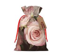 Beauty Pink Roses Printed Christmas Drawstring Bags,S | Reusable Xmas Gift Storage Bags, Red Christmas Ribbon