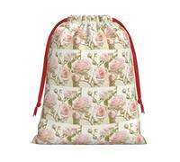 Beauty Pink Roses Printing Soft Drawstring Gift Bag With Red Ribbon Durable For Christmas Halloween For Adults Gifting