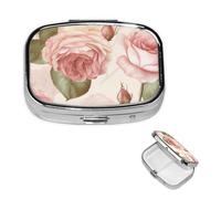 Beauty Pink Roses Square Metal Pill Box 2 Compartment Cute Travel Pill Organizer Case Portable Medicine Vitamin Organizer Pill Case for Women Men Travel Unique Gift