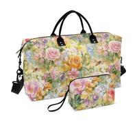 Beauty Spring Flowers District of American Beauty Rose Dragonfly and The Bee_4 Decorative Weekender/Overnight Duffel Gym Sports Duffel Bags with Adjustable Strap for Yoga 2 Pcs Set