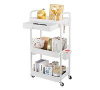 Beauty Trolley on Wheels 3 Tier Storage Trolley with Drawer Plastic Rolling Utility Cart Craft Trolleys on Wheels Plastic + Stainless Steel Mobile Organiser for Bathroom Office (3 Tier)