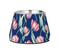 Beauty Tulips Royal Blue Raised Pets Food Bowls Non Skid Stainless Steel Pets Dish Bowl for Small Dogs Slow Down Eating