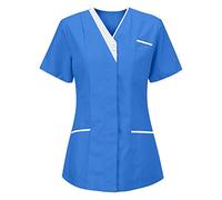 Beauty Tunic Uniform Nurses Top Short Sleeve Work Tunics Classic Fit Utility Shirt Work Wear Tops Work Tunics for Women Short Sleeve Nursing Utility Shirt Workwear Care Work Shirt for Career Day Blue