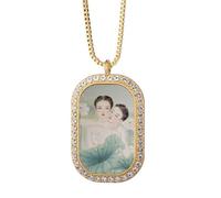 Beauty with Lotus Chinese Style Watercolor Necklace Pendant Diamond Crystal Golden Jewelry