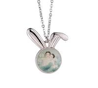 Beauty with Lotus Chinese Style Watercolor Rabbit Necklace Pendant Bunny Animal Jewelry Gift
