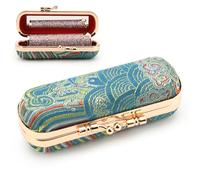 Beautyflier Lipstick Case with Mirror, Retro Lipstick Box Lip Balm Organizer Bag, Fashion Cosmetic Lipstick Travel Case, Women's Portable Lipstick Pouch Travel Cosmetic Case, Green, Wave, 3.8 * 1.3 *