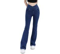 Beautyhis High Waisted Crossover Stretch Knit Wide Leg Denim Flare Jegging, Casual Slim High Waist Blue Denim Pencil Pants (Dark Blue,Small)