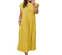 Beautyhis Women Pleated Simple Solid Color Dress, Women's Pleated Maxi Dress, Round Neck Solid Loose Summer Long Dress (Yellow,Medium)