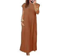 Beautyhis Women Pleated Simple Solid Color Dress, Women's Pleated Maxi Dress, Round Neck Solid Loose Summer Long Dress (Brown,Medium)