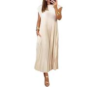 Beautyhis Women's Pleated Simple Solid Color Maxi Dress, Round Neck Loose Summer Long Dress (Beige, Large)