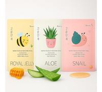 Beautykei Korean Skincare Face Mask Set - 3x Hydrating Sheet Masks: Aloe Vera Snail Jelly Royal Jelly for Deep Moisturising Anti-ageing Acne Care Hypoallergenic Gift