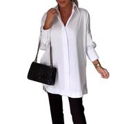 BEAUTYLAST White Lapel Slit Shirt Women, V Neck Slit Hem Button Front Long Sleeve Long Shirt Blouse Top (White,M)